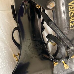 Versace Black Leather Strappy Sandals with Gold Accents